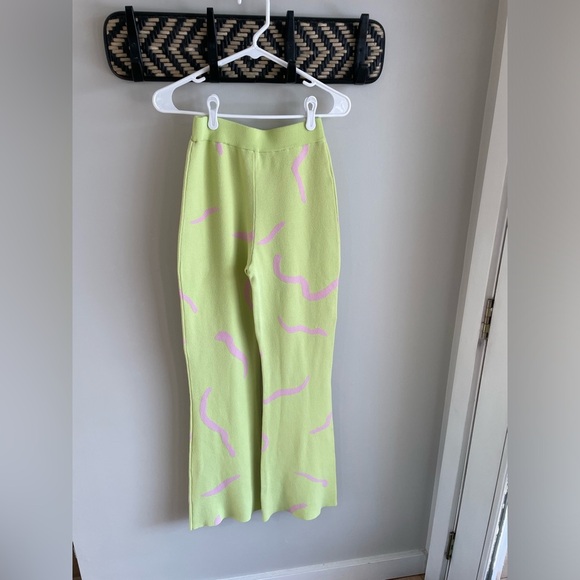 White Fox Knitted Flare Pants - Lime Green + Pink Retro Squiggle Pattern - Small - Picture 3 of 14